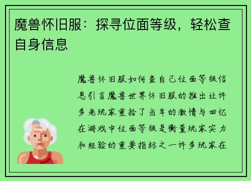 魔兽怀旧服:探寻位面等级,轻松查自身信息